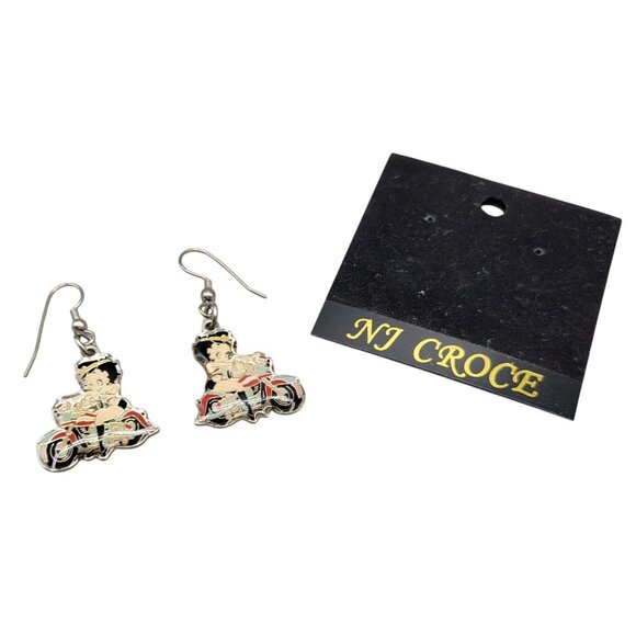Betty Boop Motorcycle Dangle Earrings By NJ Croce Co Silver Tone Enamel Design - Picture 4 of 6